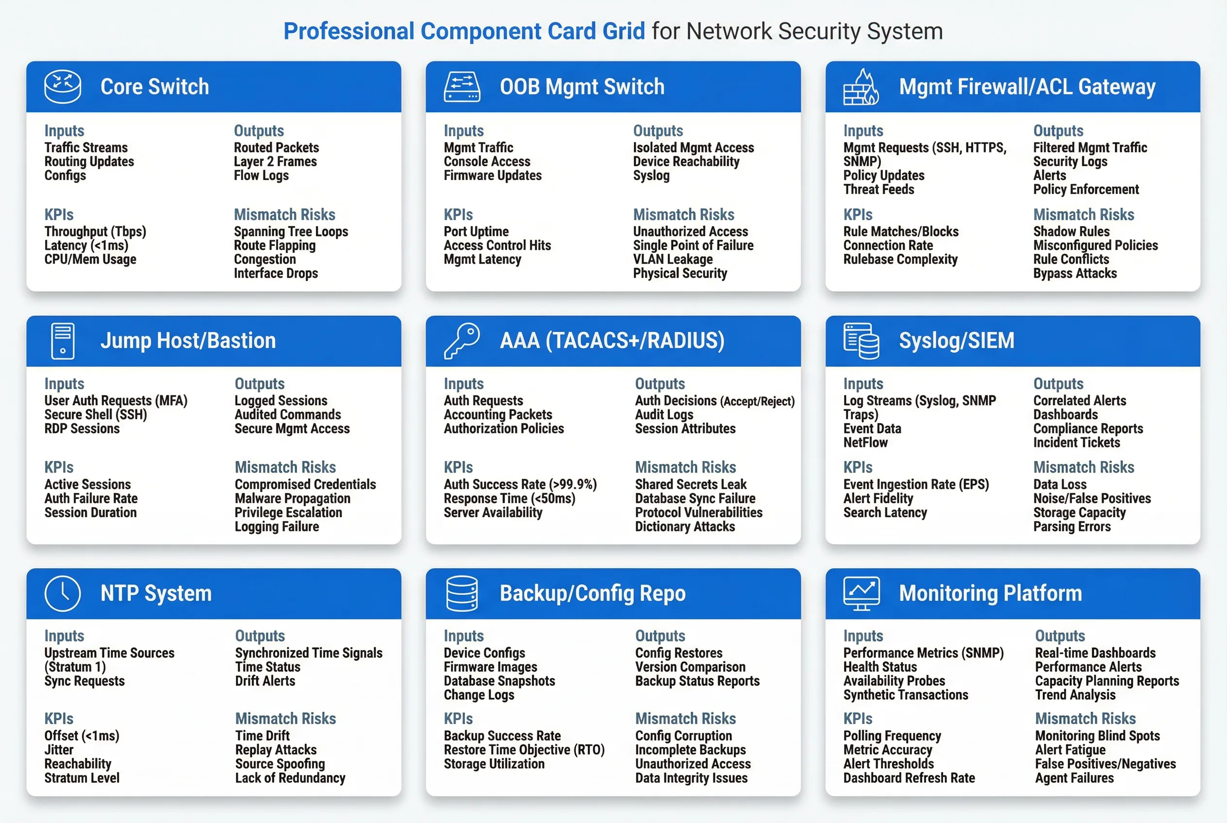 System Component Card Grid — Inputs, Outputs, KPIs, and Mismatch Risks