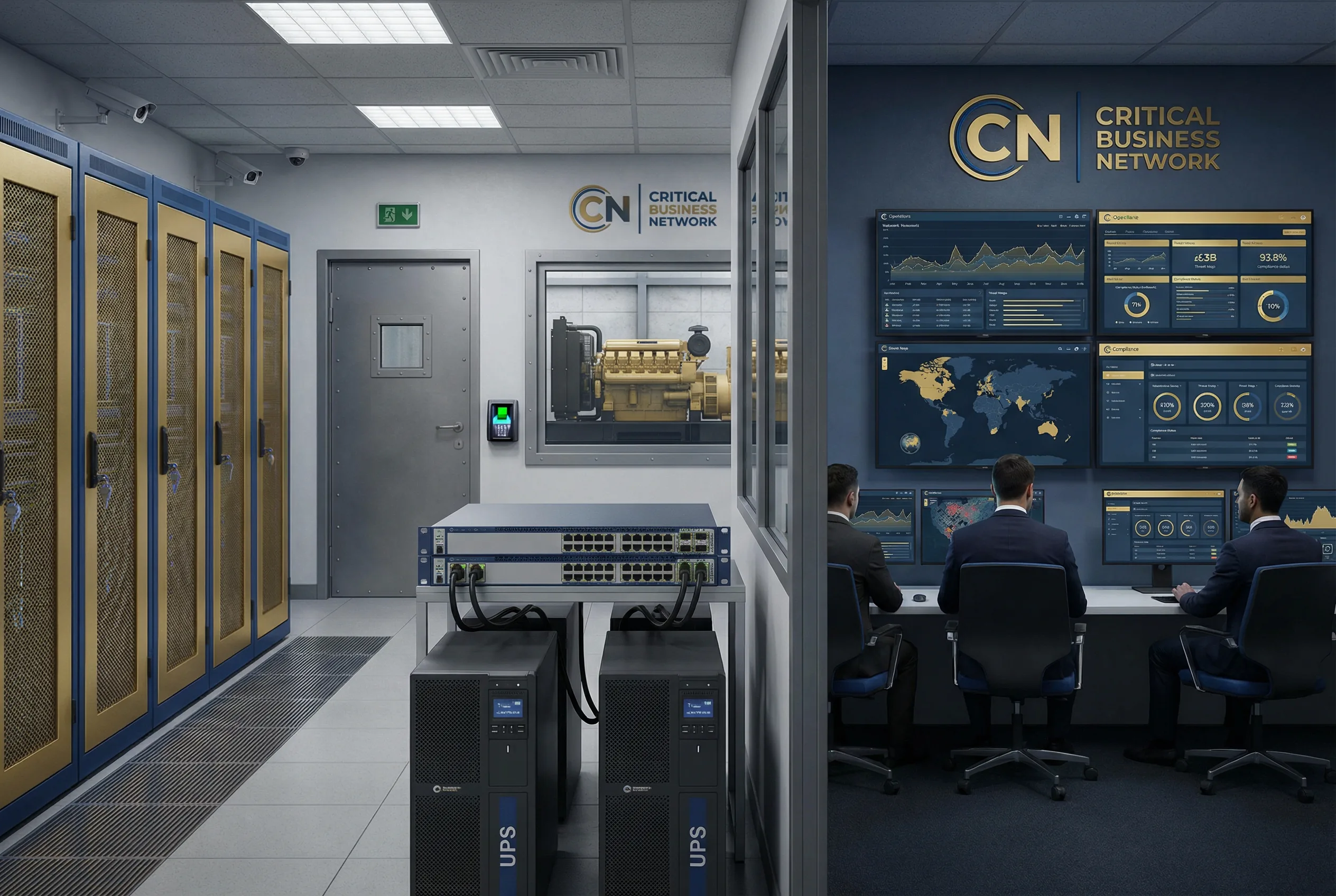 Financial Services Critical Business Network — High-Availability Core with Dual UPS and Security Operations Center