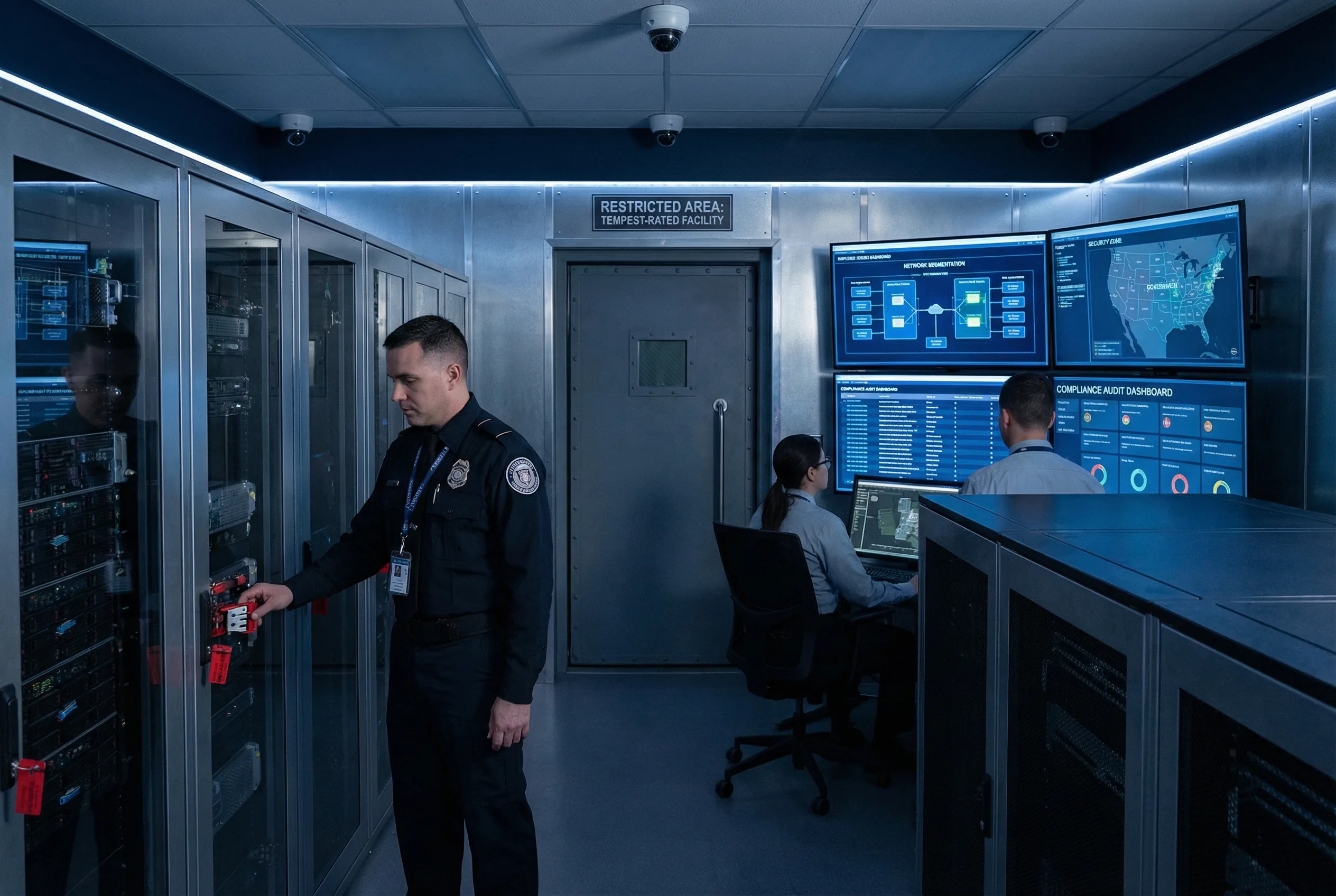 Government Critical Infrastructure Network — TEMPEST-Rated Facility with Physical Security and Compliance Audit Dashboard
