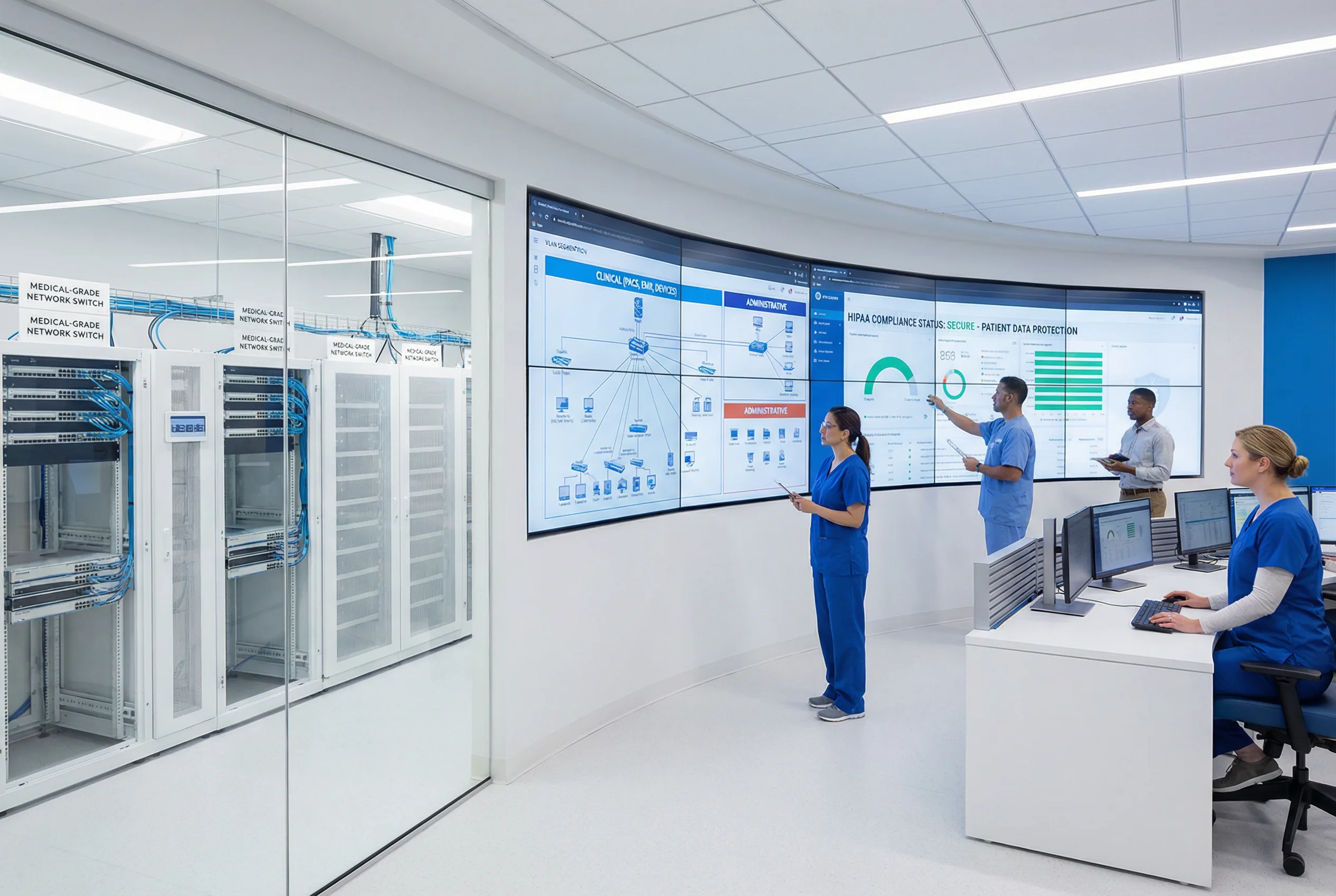 Healthcare Network — Medical-Grade Core Switches with Clinical and Administrative VLAN Segmentation, HIPAA Compliance Monitoring