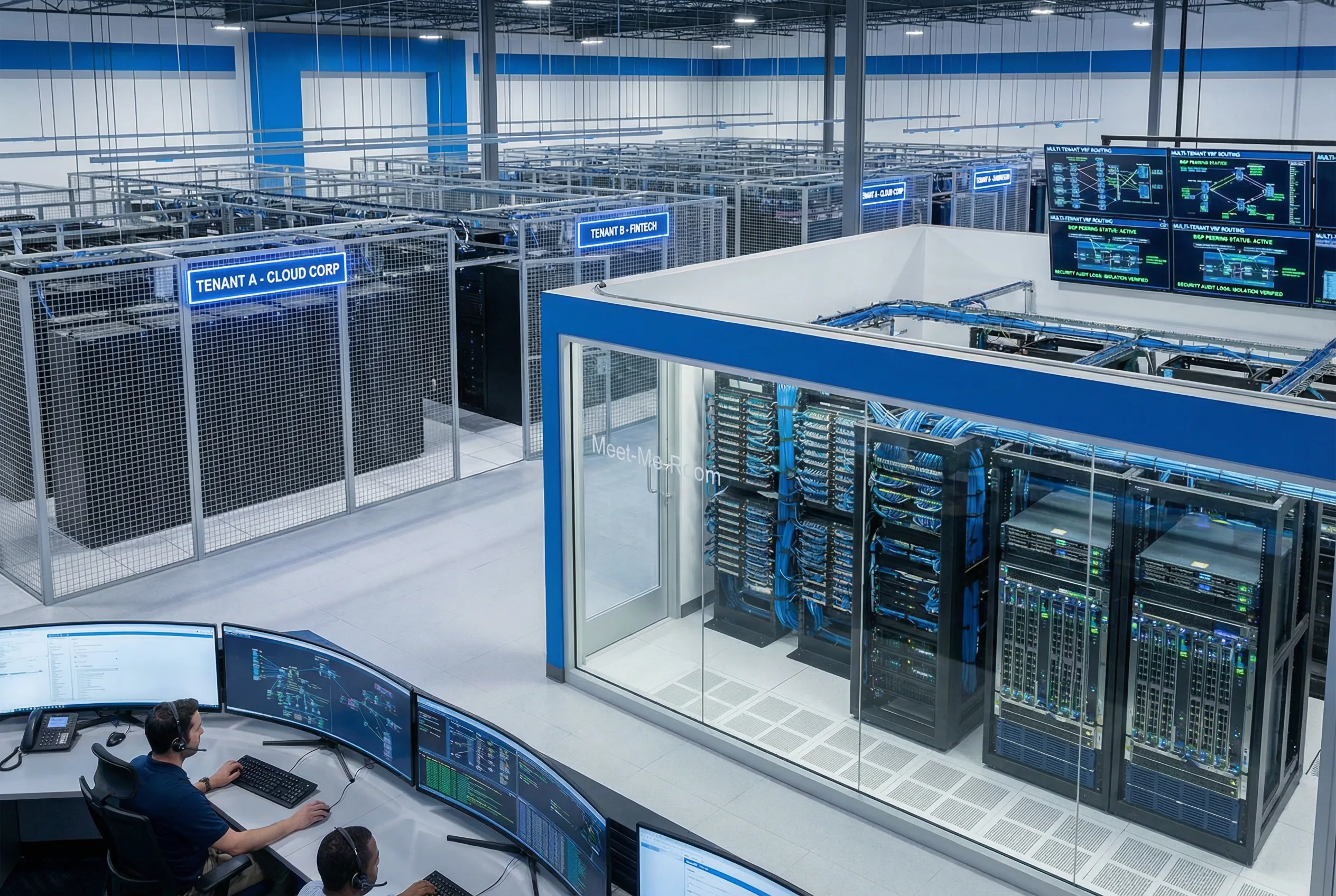Cloud Service Provider Multi-Tenant Data Center — Tenant Cage Separation with Meet-Me-Room Core and VRF-Based Tenant Isolation