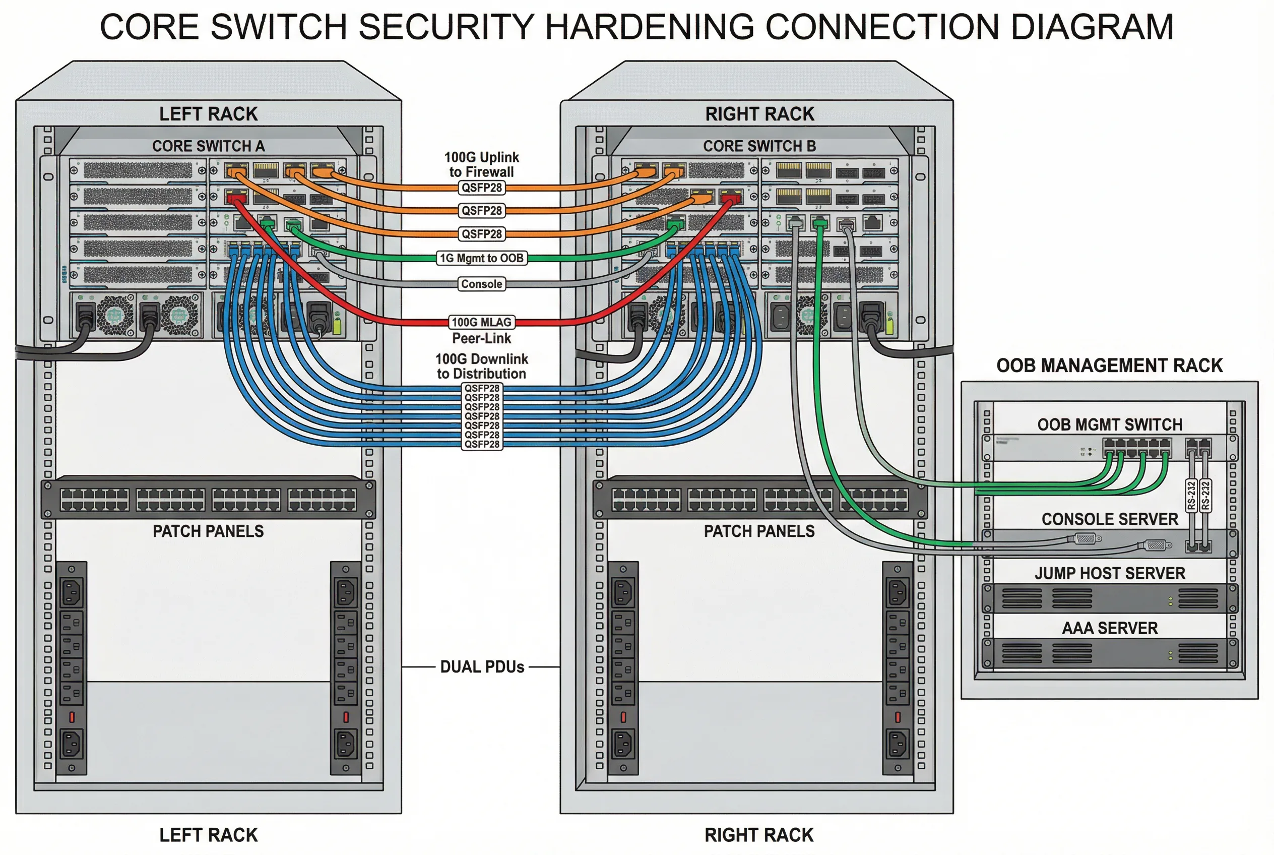 Core Switch Security Hardening Device Connection Diagram — Rack-Level Port and Cable Assignment