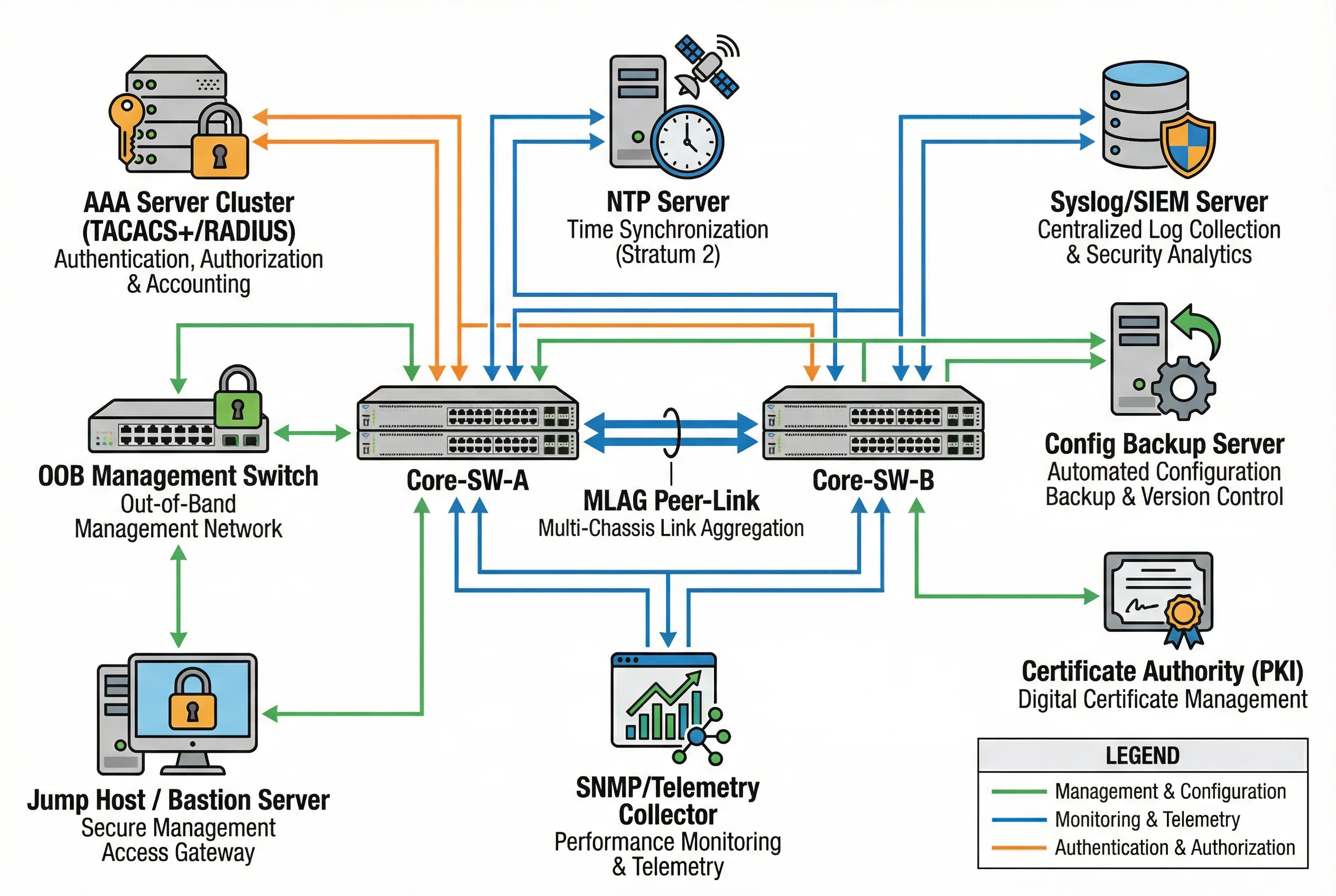 Integrated Supporting Infrastructure Diagram — All Supporting Systems Connected to Core Switches